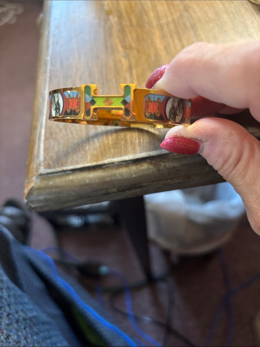 Gold Tone Enamel Hinge Bangle Bracelet - Multicolor